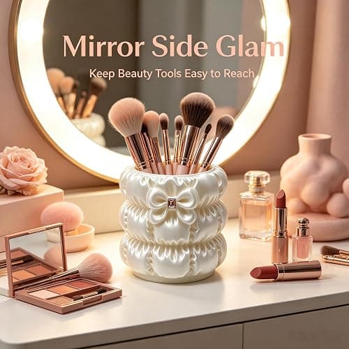 Cute Bow Makeup Brush Holder Coquette Pearl White Vanity Pen Cup Organizer | Clean Girl Aesthetic Vanity Cup,4" Space-Saving Desktop Caddy,Satin Luster Texture,Aesthetic Cosmetics Brush Holder thumbnail 2