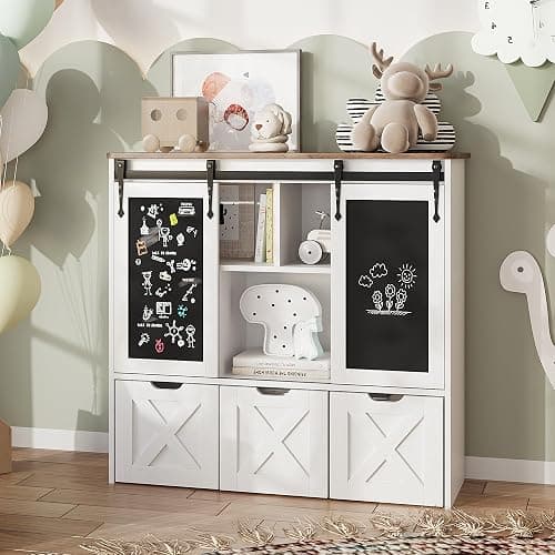 Vabches Toy Storage Organizer with Sliding Chalkboard, Kids Bookshelf and Bookcase with 3 Movable Drawers & 5 Storage Cubbies, Multifunctional Storage Cabinet Toy Chest for Playroom,Nursery, Kids Room thumbnail 9