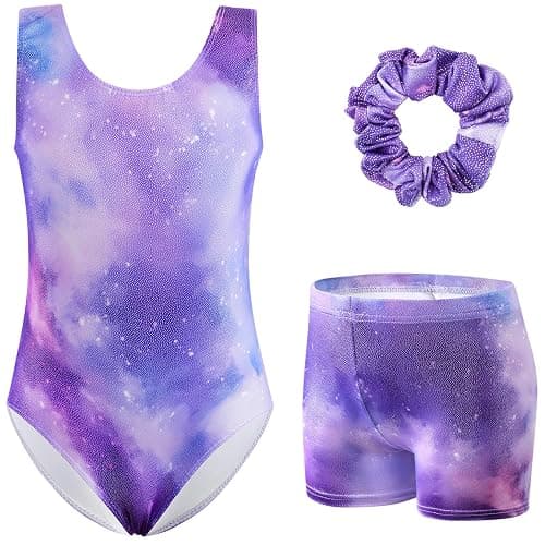 XiaoMoSha Girls Three-Piece Gymnastics Leotards Set Sleeveless Leotards with Shorts and Hairband Sparkly Gradient Color Ballet Dance Unitards Gymnastics Outfits for Kids 3-12 Years - Image 1