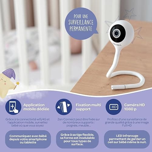 BÉABA, Ecoute Bébé Vidéo, Babyphone Zen Connect, Caméra Full HD 1080p, Talkie-Walkie, Longue Portée, Connexion Mobile et WiFi, Berceuses, Tige Flexible thumbnail 4