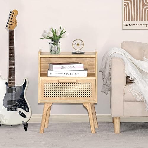 Lerliuo Rattan Nightstand, Boho Side Table with Drawer Open Shelf | Cane Accent Bedside End Table with Solid Wood Legs for Bedroom, Dorm and Small Spaces (Natural) thumbnail 5