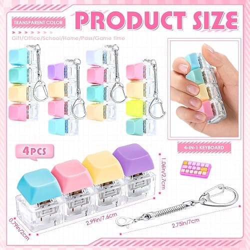Halloscume 4 Pcs Keyboard Adult Fidget Clicker 4-in-1 Keyboard Fidget Keychain Cube Mechanical Key Button Clicker Stress Relief Gift for Office Home to Pass The Time (Pastel Colors) thumbnail 3