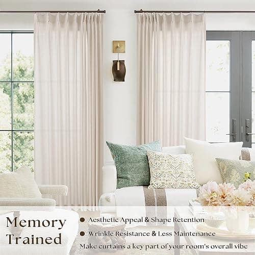 Extra Wide Beige Pinch Pleated Linen Curtains 108 Inches Long 72 Inch Wide for Living Room Light Filtering Semi Sheer Window Drapes with Hooks Rings for Patio Sliding Glass Door 1 Panel 72x108 thumbnail 3