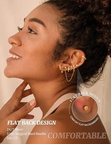 Dochais Hypoallergenic Flatback Stud Hoop 14K Gold Plated Earrings Stacks - Surgical Stainless Steel Earring Set Chain Cartilage Earrings - Small Ear Piercing Flat Back Earring for Women Trendy thumbnail 4