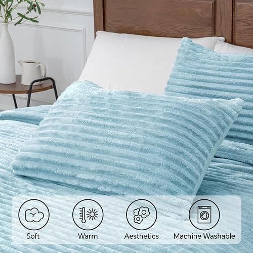 BEDELITE Fleece Queen Comforter Set -Super Soft & Warm Fluffy Light Blue Bedding, Luxury Fuzzy Heavy Bed Set for Winter with 2 Pillow Cases thumbnail 5