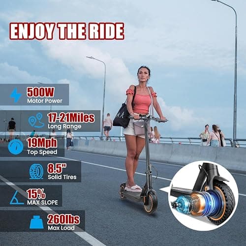 Electric Scooter for Adults, 8.5" Solid Tires, 350/500W Motor, 16/19MPH Max Speed & 12/21 Miles Range, Portable Foldable E-Scooter with Smart APP, Cruise Control, Dual-Brake System（Two Models） thumbnail 2