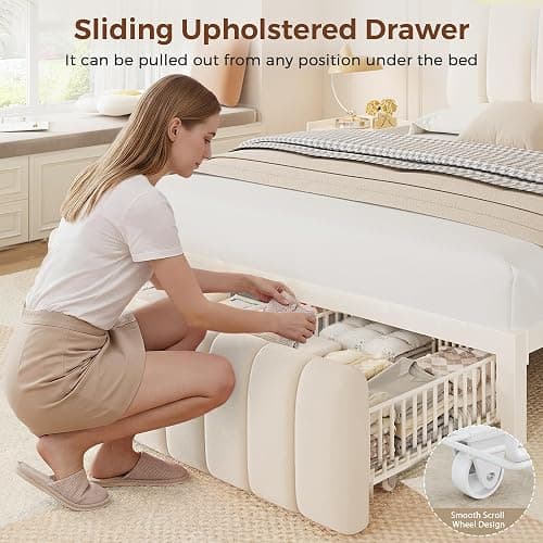 Jocoevol Full Size Bed Frame with Storage Headboard,Upholstered White Bed Frame Full with Storage Drawers and Charging Station,Velvet Platform Metal Bed, Noise-Free No Box Spring Needed thumbnail 5
