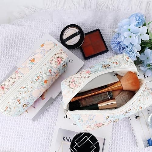 URSKYTOUS 2Pcs Cotton Quilted Makeup Bag for Women Girls Coquette Small Floral Cosmetic Bags Cute Zipper Pencil Pouch Aesthetic Makeup Pouch Trendy Cloth Bee&Flower Travel Toiletry Skincare Bag thumbnail 4