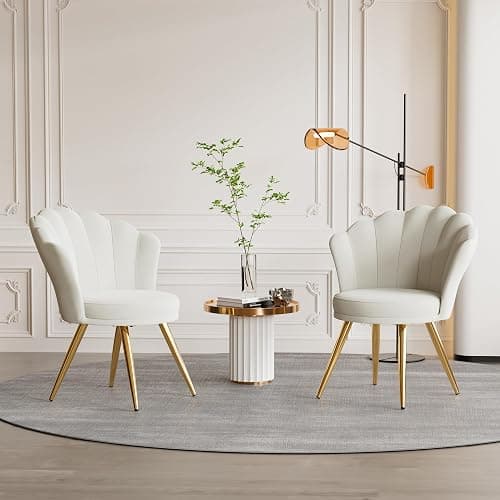 Aivermeil Esszimmerstühle Samt • Muschelsessel mit Rückenlehne & Armlehnen • Schminktisch Stuhl • Polstersessel Elegant • Akzentstuhl mit Gold Metallbeinen Accent Chair • Weiß thumbnail 6