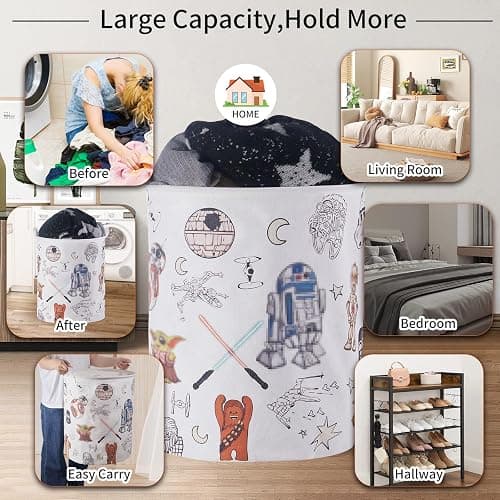 Room Nursery Decor,Baby Laundry Large Hamper Foldable With Waterproof Pe Coating,Dirty Clothes Basket Featuring The Child,Bedroom,Bathroom Set,Toy Bin,Kids Birthday Gifts,White (round) thumbnail 5
