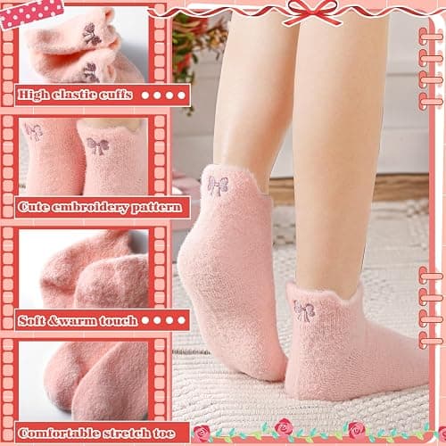 Skicuff 5 Pair Women Bow Fuzzy Socks Stuff Coquette Pink Cozy Fluffy Ankle Slipper Socks for Women Girls Preppy Stuff thumbnail 2