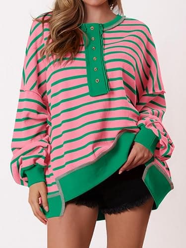 PRETTYGARDEN Womens Fall 2025 Striped Oversized Sweatshirt Long Sleeve Button Up Henley Neck Waffle Knit Pullover Tunic Tops thumbnail 3