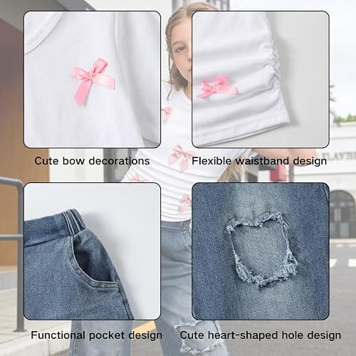Voxikidio Size 7-14 Years Girls 2 Piece Outfits Bow Short-Sleeved Top and Jeans Pants Clothing Set thumbnail 7