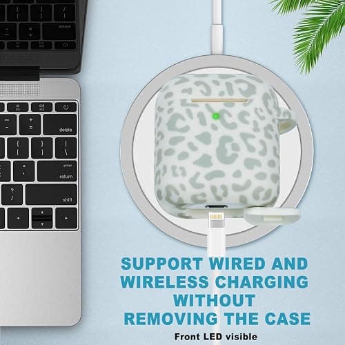 Leopard Silicone Compatible with Airpods Case, Gawnock Soft Cover Flexible Compatible with Airpods 2nd/1st Generation Floral Print Cover for Women Girls with Keychain - Light Green Leopard Cheetah thumbnail 3