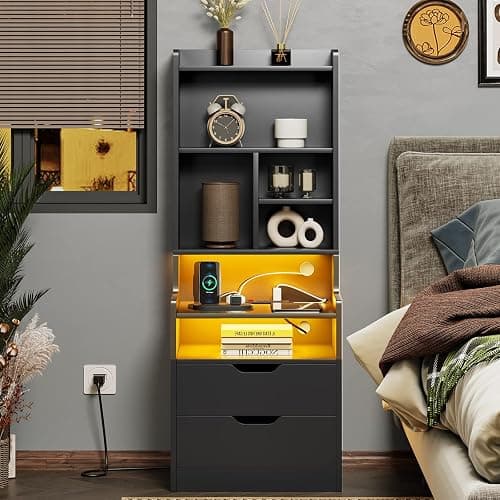 ADORNEVE Tall Night Stand with Charging Station and LED Lights,Nightstand with Bookshelf,Bedside Table with Drawers & Power Outlets,End Side Table for Bedrooms (Black) thumbnail 6