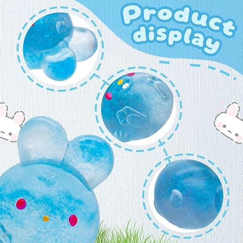 Stress Relief Blue Glitter Bunny Squeeze Toy - Jelly Hops Sensory Squishy Fidget Toy, Anxiety Calming Soft Jelly Ball for Kids & Adults, ADHD Autism thumbnail 3