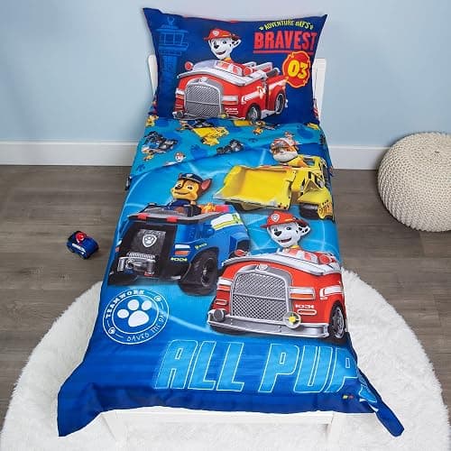 Paw Patrol Calling All Pups 4 Piece Toddler Bedding Set – Includes Comforter, Sheet Set – Fitted + Top Sheet + Reversible Pillowcase for Boys Bed, Blue - Image 1