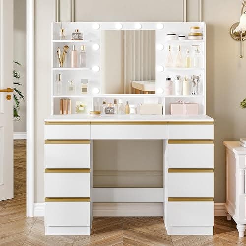 Hzuaneri 9 Drawers Vanity Desk with LED Light, Dressing Table with Large HD Mirror, 9 Open Storage Spaces Makeup Vanity for Bedroom, 3 Color Bulbs, White Gold DT35703XCA thumbnail 9