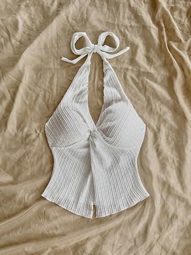 QJQ Women's Halter Tops Twist Front Slit Backless Cute Summer V Neck Tank Top Vacation Outfits 2025 thumbnail 4