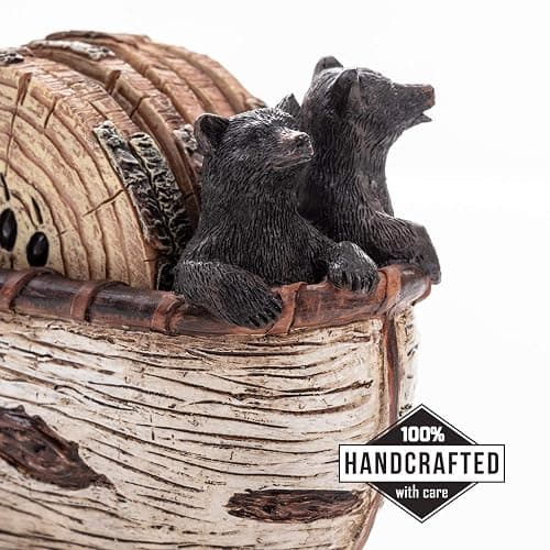 Cabin Obsession Bear Coasters - Set of 6 Full Size Rustic Coasters in Handmade Canoe with Adorable Black Bear Figurines - Log Cabin Decorations, Rustic Lodge Decor for The Home thumbnail 4