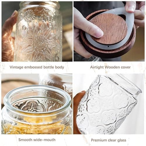 Custde Vintage Glass Jar with Wooden Lid, 23.7 fl oz - Airtight Decorative Food Storage Canisters for Kitchen Counter, Ideal for Candy, Sugar, Coffee, Cookies thumbnail 6