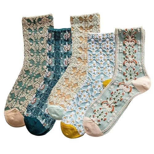 DXYAKY 5 Pairs Womens Floral Cotton Socks Vintage Patterned Crew Socks Novelty Ankle Ruffled Warm Casual Dress Socks - Image 1