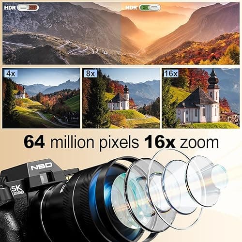 NBD 5K Digital Cameras for Photography - 16X Zoom Travel Camera with 180° Flip Screen, 64MP Vlogging Cameras Fotograficas for YouTube, Auto Focus, Macro Lens, 2 Batteries & 64GB TF Card（Black） thumbnail 3