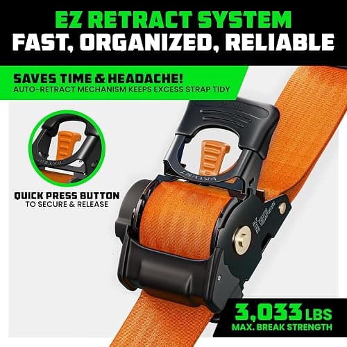 Rhino USA Retractable Ratchet Straps (2-Pack) - 2 Inch x 10 Feet (3,033lb Break Strength) - Heavy Duty Auto Self Retracting Tie Down Straps for Truck, Cargo Trailer, Motorcycle, Rad & More - Orange thumbnail 2