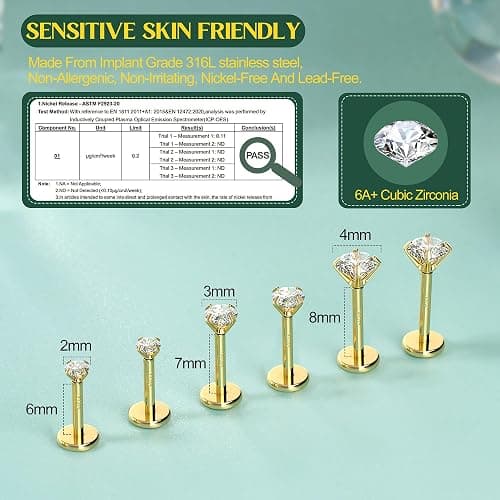 Flat Back Earrings Studs - 14K Gold Filled Internal Thread Stud 18G 16G Piercing Jewelry for Cartilage Helix Tragus Hypoallergenic Labret Lip Conch Nose Rings 316L Stainless Steel Stud for Women Men thumbnail 2