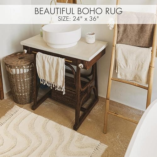 Beautiful Boho Rug with Tassels for Your Bathroom - Soft 2 x 3 ft. Cotton Rug Fits Perfectly Into Your Bath - Washable, Cream Colored Non-Slip Mat Ideal to Enhance Any Modern Home Decor, 24 x 36 inch thumbnail 3