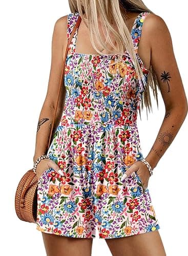 Dokotoo Women's Summer Casual Smocked Rompers Square Neck Sleeveless Loose Shorts Jumpsuits 2026 Beach Vacation Outfits - Image 1