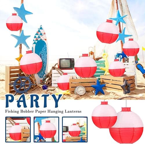 Set of 12 Fishing Bobber Round Paper Hanging Lanterns Fishing Birthday Decorations Hanging Paper Lanterns for Fishermen Theme Party Decoration Supplies, 12 Inches, 8 Inches (Red and White) thumbnail 4