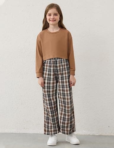 Gaupafmb Girls Clothes Solid Long Sleeve Tops Plaid Wide Leg Pants with Pockets Girls Outfits Size 6-14 thumbnail 2