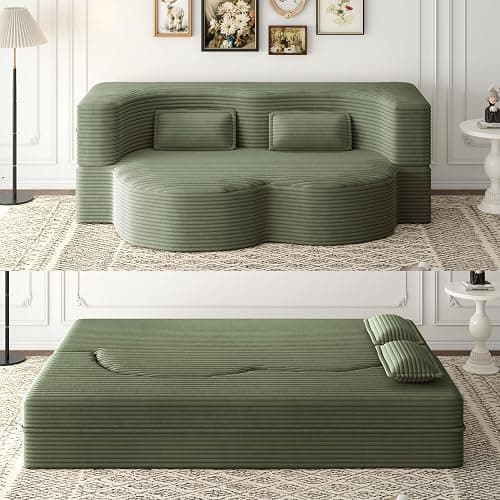 ALAMHI 78" Full Size Floor Sofa, Folding Queen Sleeper Couch, Futon Loveseat Sofa, Plush Corduroy Foam-Filled Sleeper Couch Bed, Fold Mattress Bed for Living Room, Guest Use, Office, Apartment, Green - Image 1