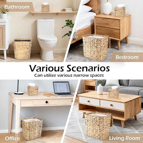 ARQRHTLY Wicker Trash Can and Handwoven Tissue Box Cover Set Rattan Waste Basket with Lid and Liner Boho Decorative Water Hyacinth Square Napkin Box Holder for Bathroom Bedroom Kitchen Living Room thumbnail 7
