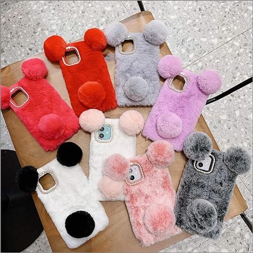 LUVI Compatible with iPhone 12 Plush Furry Case Fuzzy Fluffy Ball Rabbit Faux Fur Hair Cute Cartoon Bear Ear with Bling Glitter Diamond Camera Protection Cover Luxury Fashion Case Pink thumbnail 7