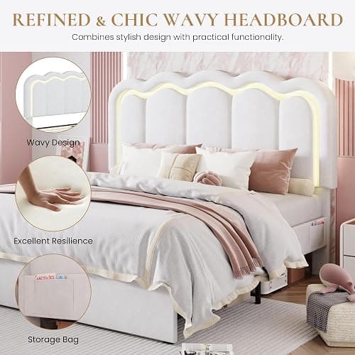 SHA CERLIN Upholstered Queen Size Bed Frame with LED Lights and Large Storage Drawer, Velvet Platform Bed with Adjustable Wavy Headboard, Noise Free, Easy Assembly, No Box Spring Needed, Soft White thumbnail 5