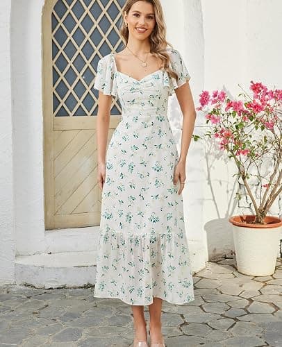 GLNEGE Women's 2025 Summer Midi Floral Boho Dresses Casual Flowy Beach Short Sleeve Dress Ruffle Hem Smocked Sundresses thumbnail 2
