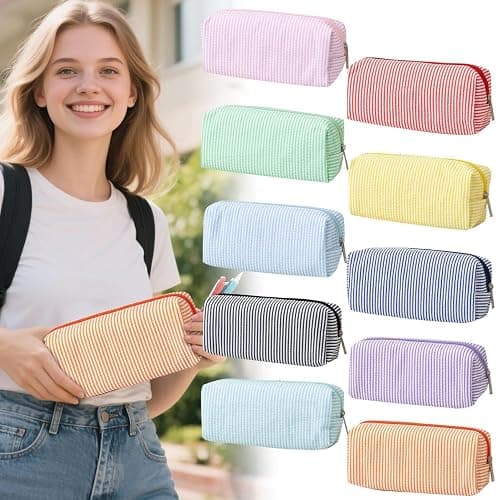 Pencil Case Cute Large Capacity Fashion Simple Pencil Pouch Aesthetic Stripe Pen Bag with Practical Smooth Zipper Small Portable Cosmetic Organizer Stationery Pouch for School and Office Supplies (F) thumbnail 5