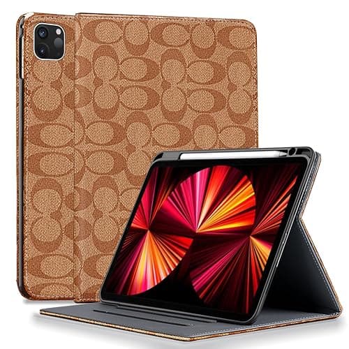HYHCF Compatible Designer for iPad Pro 11 Inch Case 1st/2nd/3rd/4th Generation 2018/2020/2021/2022 PU Leather with Pencil Holder Soft TPU Back Case,Auto Sleep/Wake Cover,for Women-Brown - Image 1
