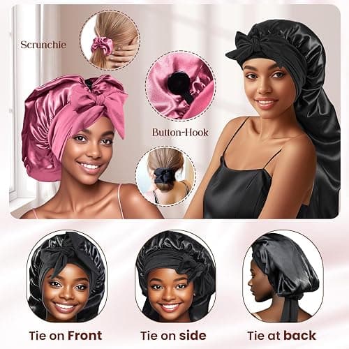 2 Pcs Long Satin Bonnet, Braid Cap for Women, Silk Bonnet for Braids Curly Hair with Tie Band(Black&Rose Red) thumbnail 4