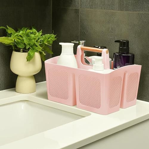 ALINK Portable Shower Caddy Basket with Compartments, Plastic Divided Cleaning Caddy Organizer Storage Tote with Handle for Bathroom, College, Dorm Room Essentials, Pink thumbnail 2