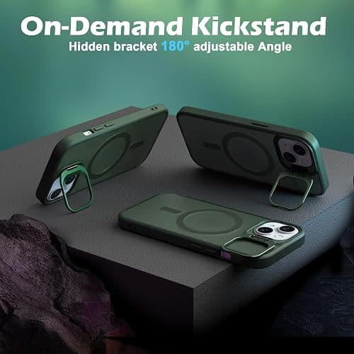 IDweel for iPhone 15 Case with Screen Protector & Camera Lens Protector,Compatible with MagSafe,Built-in Camera Stash Stand,Magnetic Hard Back Soft Edge Anti-Fingerprint Flexible Cover,Green thumbnail 3