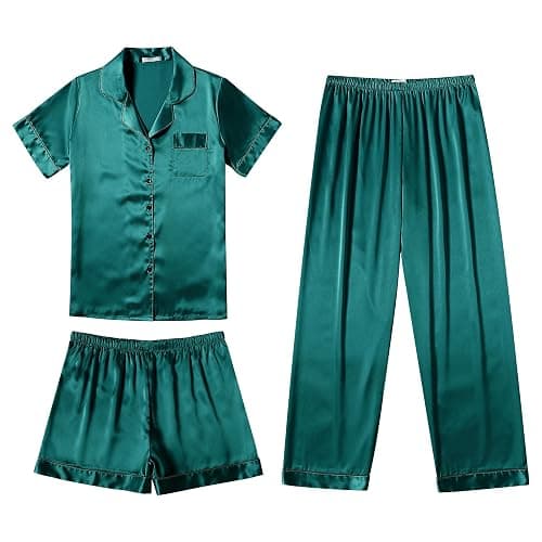 Ekouaer Silk Pajamas for Women Set Satin Pjs Soft Short Sleeve Button Down Sleepwear 3 Piece Loungewear S-XXL - Image 1