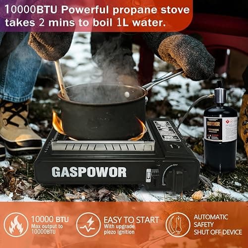 Propane or Butane Stove with Windblocker, Dual Fuel 10,000 BTU Portable Gas stove for Camping, Automatic Ignition Gas Stove with Adapter Hose Carrying Case & Griddle for Hiking (Fuel Not Included) thumbnail 2