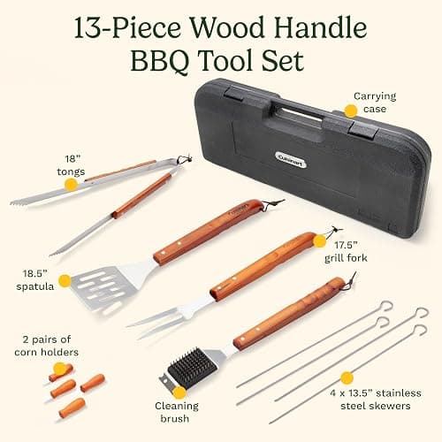 Cuisinart 13-Piece Wooden Grill Tool Set, BBQ Accessories and Grill Tools, Durable Stainless-Steel Utensils with Recycled Plastic Case, Spatula, Tongs, Cleaning Brush & More, Grilling Gifts for Men thumbnail 3
