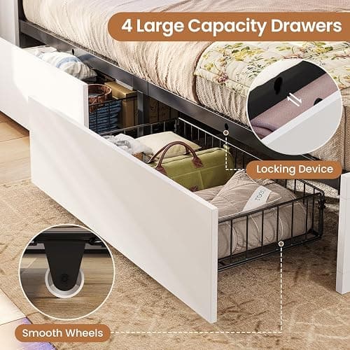 VIAGDO Farmhouse Bed Frame Full Size with Bookcase Storage Headboard, Charging Station and LED Lights, Wooden Full Bed Frame with 4 Drawers, Barn Door Design, No Box Spring Needed, No Noise, White thumbnail 6