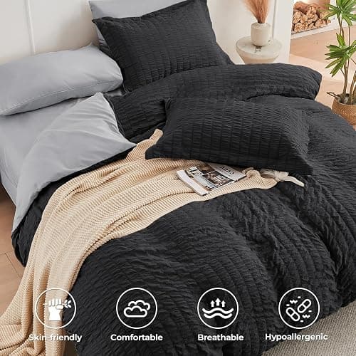HYMOKEGE Black/Light Grey Queen Comforter Set Seersucker 7 Pieces, All Season Luxury Bed in a Bag for Bedroom, Bedding Set with Comforters, Sheets, Pillowcases & Shams thumbnail 3