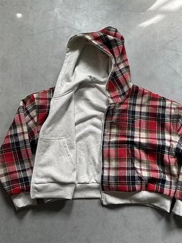 yssgtt Herren Hoodie mit Reißverschluss Reversible Karierte Jacke Y2K Kapuzenpulli Kapuzenjacke thumbnail 5