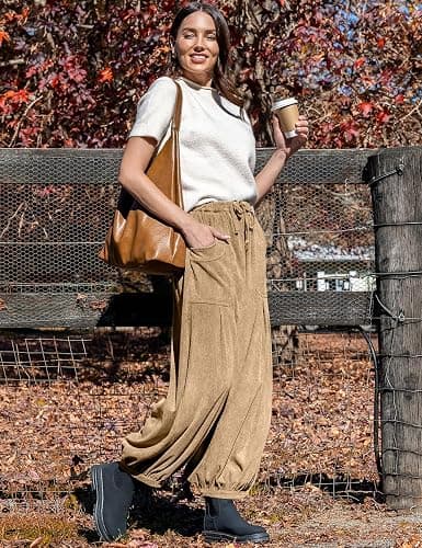 TARSE Womens Corduroy Pants Harem Casual Loose Fit Baggy Elastic Waist Lantern Fall Pants with Pockets thumbnail 3